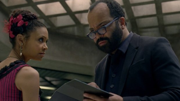 Maeve enlightening Bernard about his status as a host and 'jailor' in Westworld episode 9.