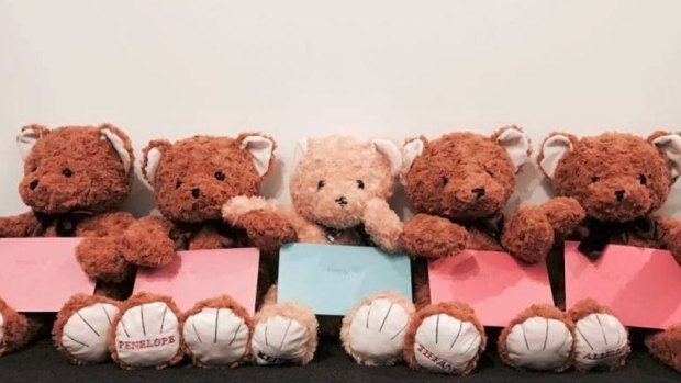 The quintuplets personalised teddy bears.