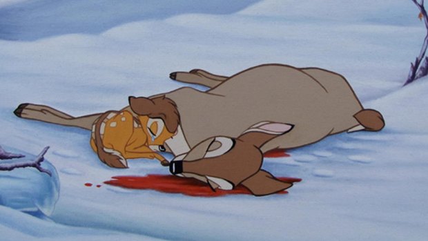 The scene in the 1942 Disney classic, Bambi, where Bambi's mother is shot dead.