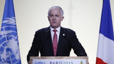Prime Minister Malcolm Turnbull addressing the Paris climate summit last year.