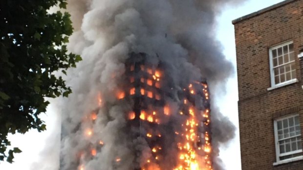 London's Grenfell Tower burns in June.