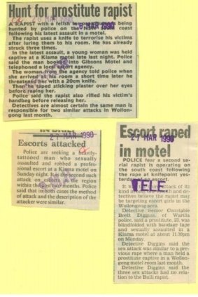 Newspaper clippings reporting on the 1990 Kiama attack.