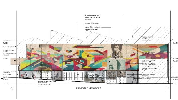 Artists impression of what the Fringe Bar wall would look like. The small rectangles with dotted lines represent the residents' windows.