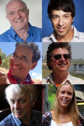 The panel: (clockwise from top left) Rick Stein, Arj Barker, Graham Boynton, Sonia Ruyter, Nicholas Shakespeare, Harsha Bhogle.
