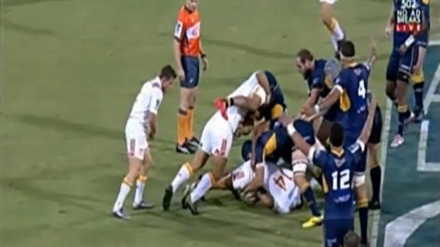 Chiefs player Charlie Ngatai cleans out Brumbies player Jordan Smiler. Fox Sports