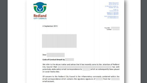 The letter sent to Complainant B's employer, the University of Queensland, by Redland City Council.