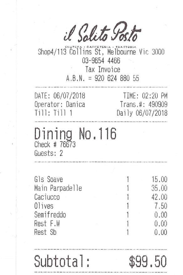 Receipt for lunch with John Bell