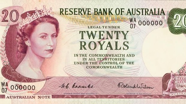 Prototype 20 Royals note created as decimalisation loomed.  