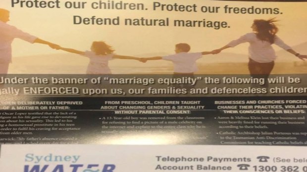 A Facebook post claimed the anti-same-sex marriage flyer came bundled with a Sydney Water bill, however the utility said it is yet to receive any other calls from consumers who had received it.