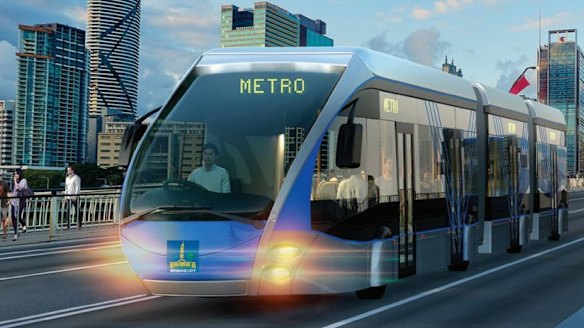 Artists' impression of a Brisbane Metro bi-articulated bus crossing the Victoria Bridge.