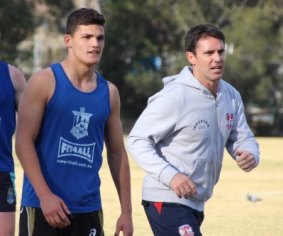 Master and apprentice: Brad Fittler (right) with Nathan Cleary in 2014