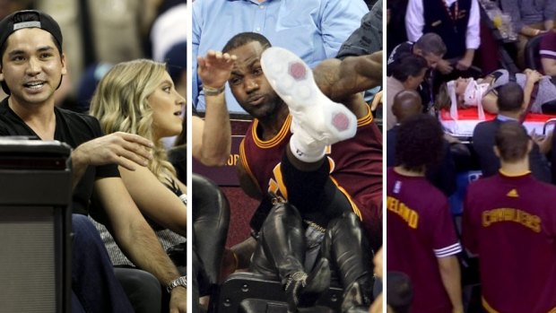 A series of images showing Ellie Day courtside at the basketball before NBA great LeBron James barrelled into her.