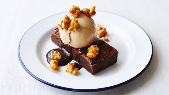 Chocolate brownie with caramel ice-cream and popcorn.