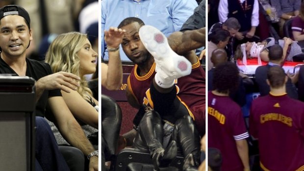 A series of images showing Ellie Day courtside at the basketball before NBA great LeBron James barreled into her.