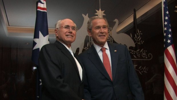 Then-Prime Minister John Howard greets then-US President George W Bush in his Sydney office in 2007. 