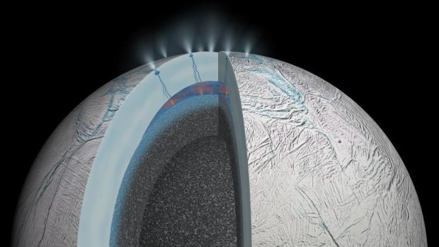 This artist's impression of the interior of Saturn's moon Enceladus shows that interactions between hot water and rock occur at the floor of the subsurface ocean - the type of environment that might be friendly to life, scientists say.