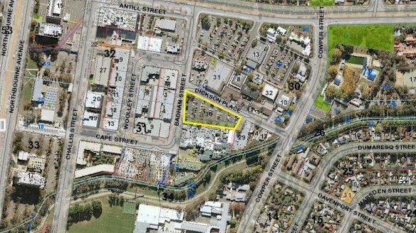 The carpark, bordered in yellow, at Block 30, Section 34, Dickson. It was one of three blocks involved in a land swap deal between the LDA and Tradies Club.