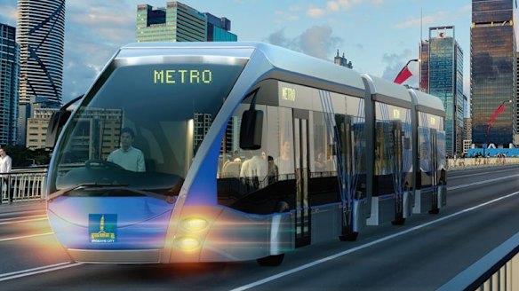 Artists' impression of a Brisbane Metro bi-articulated bus crossing the Victoria Bridge.