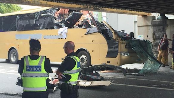 The bus that crashed at the Montague Street underpass.