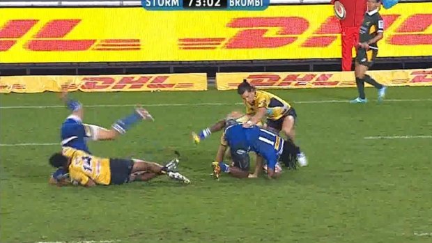 Brumbies winger Henry Speight, left, was suspended for five games for an illegal tackle Stormers player Juan de Jongh.