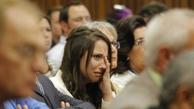 Aimee Pistorius is overcome with emotion as she listens to her brother Oscar's testimony in the Pretoria High Court on April 8.