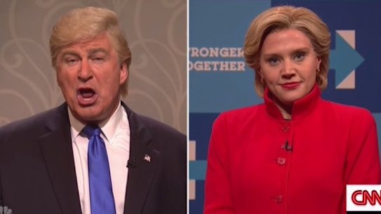 Alec Baldwin as Donald Trump and Kate McKinnon as Hillary Clinton in final election sketch on Saturday Night Live.