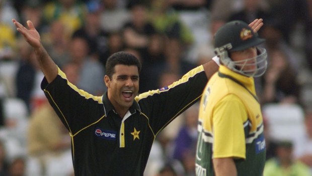 Waqar Younis in his prime, taking the wicket of Mark Waugh.