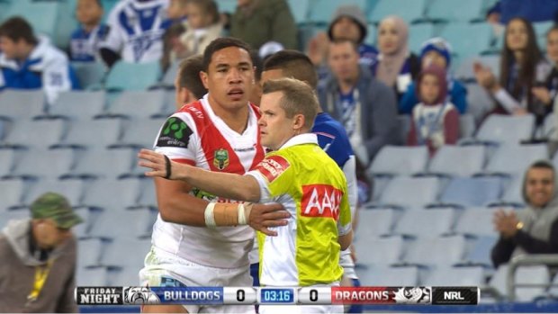 Suspended: Tyson Frizell touches referee Chris James on Friday night.