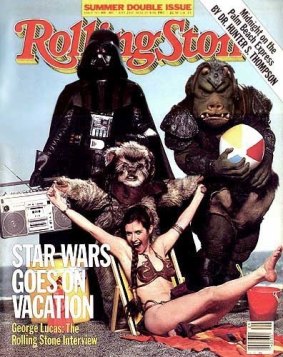 Carrie Fisher in the "slave Leia" outfit on the cover of <i>Rolling Stone</i> in 1983.