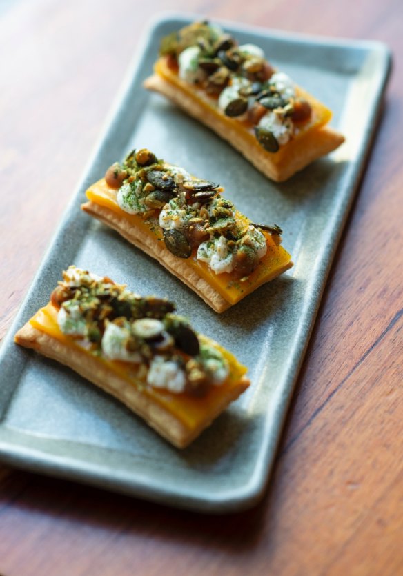 Spiced carrot, goat’s curd and almond pastry at MoVida Lorne.