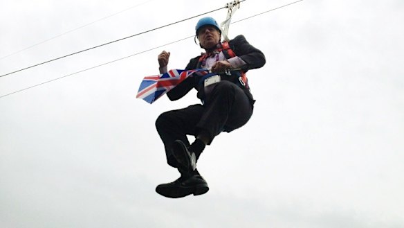 Then London mayor Boris Johnson dangles from a zipwire in London's Victoria Park after a 2012 Olympics publicity stunt went wrong.