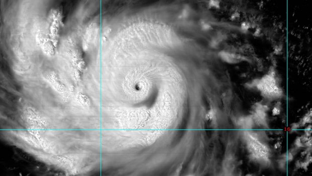 The eye of Typhoon Goni which is predicted to become a super typhoon on Monday.