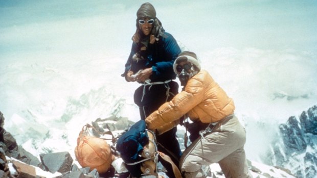 Edmund Hillary and Tenzing Norgay reach the summit. 