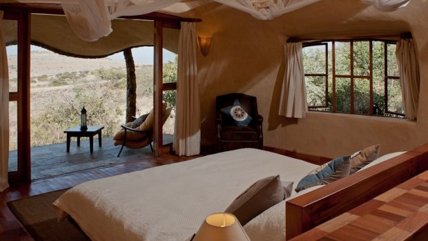 A bedroom in one of Lewa's four earth pods.