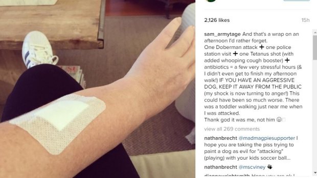 The Instagram post shared by Samantha Armytage after she suffered a dog bite.