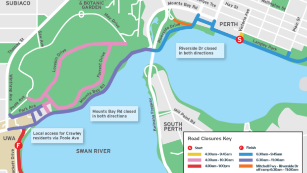 Road closures start at 4.30am for Sunday's Swan River Run.