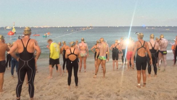 The Rottnest Channel Swim getting underway at Cottesloe on Saturday morning. 