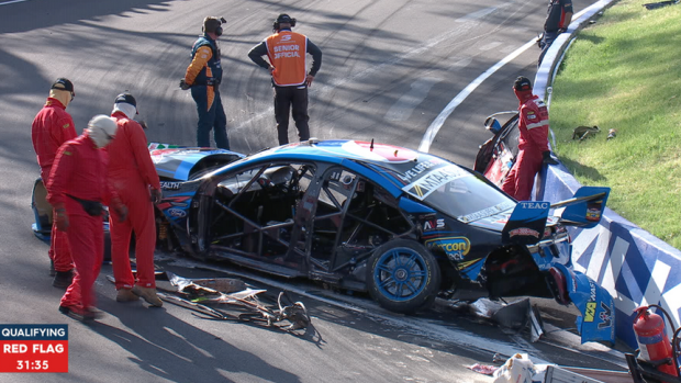 Mangle: Chaz Mostert's car after the crash.