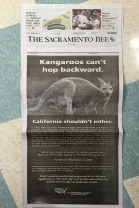 An advert by The Humane Society of the United States in Californian newspaper <em>The Sacramento Bee</em>.