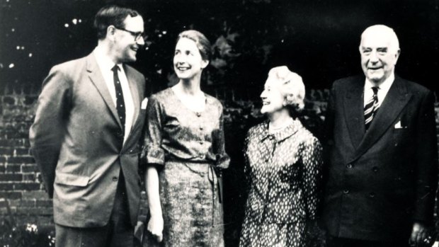 Heather and Peter Henderson stand with her parents, Dame Pattie and Sir Robert Menzies, in a London garden in the late 1960s, soon after Sir Robert's retirement as Prime Minister.