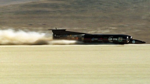 An earlier version of the supersonic car, driven by Andy Green in 1997.