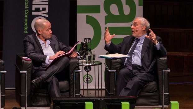 Joseph Stiglitz speaks with Adam Spencer after delivering his address at Sydney Town Hall. 