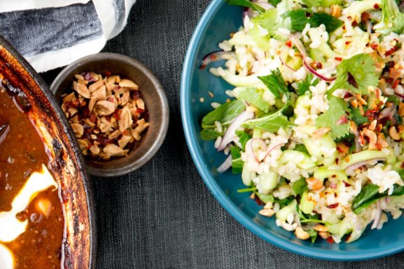 Spicy cucumber and peanut salad (with lamb shanks).