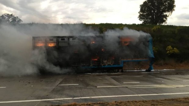 The postal truck on fire at Woomargama on Friday morning