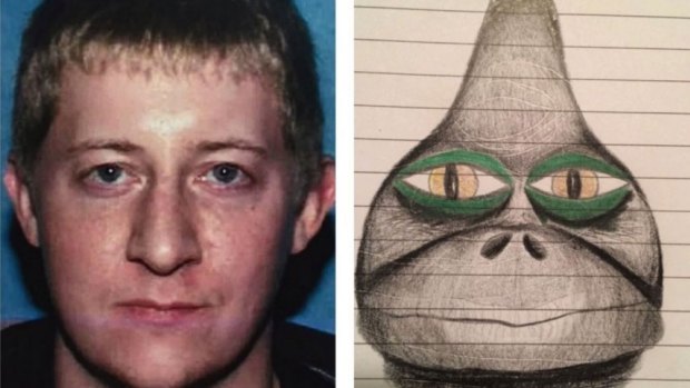 Left, a photo of Kyle Odom, right, a drawing of an alien included in Odom's manifesto