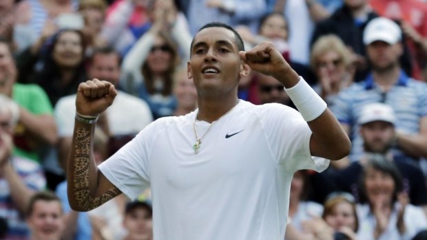 Canberra's Nick Kyrgios celebrates defeating Rafael Nadal at Wimbledon last year.