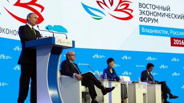 Kevin Rudd listens as Russian President Vladimir Putin speaks in Vladivostok. Next to Mr Rudd sits South Korean President Park Geun-hye.and Japanese Prime Minister Shinzo Abe.