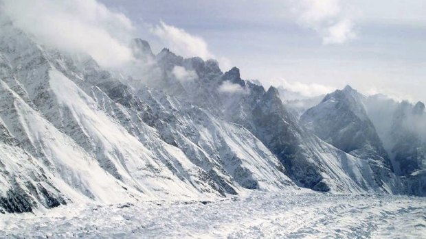 An aerial view of the Siachen Glacier, which traverses the Himalayan region dividing India and Pakistan.