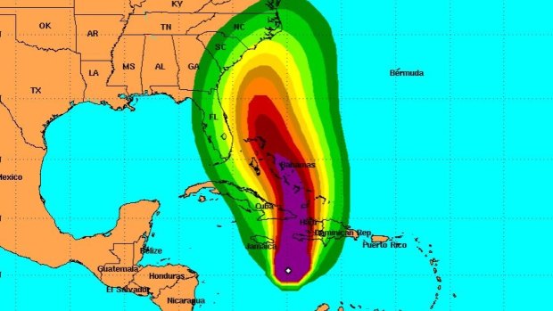 A map showing the expected wind speeds generated by Hurricane Matthew.