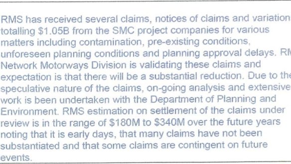 Section of an internal government document obtained by Labor showing $1.05 billion in contractor claims for WestConnex.